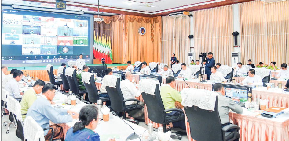 State Administration Council Vice-Chairman Deputy Prime Minister Vice-Senior General Soe Win speaks at the fourth work coordination meeting of the Illegal Trade Eradication Steering Committee yesterday in Nay Pyi Taw