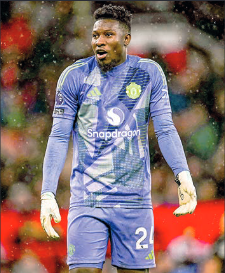 Manchester United's Cameroonian goalkeeper (24) Andre Onana reacts after conceding the team's third goal during the English Premier League football match between Manchester United and Tottenham Hotspur at Old Trafford in Manchester, north west England, on 29 September 2024. PHOTO: AF