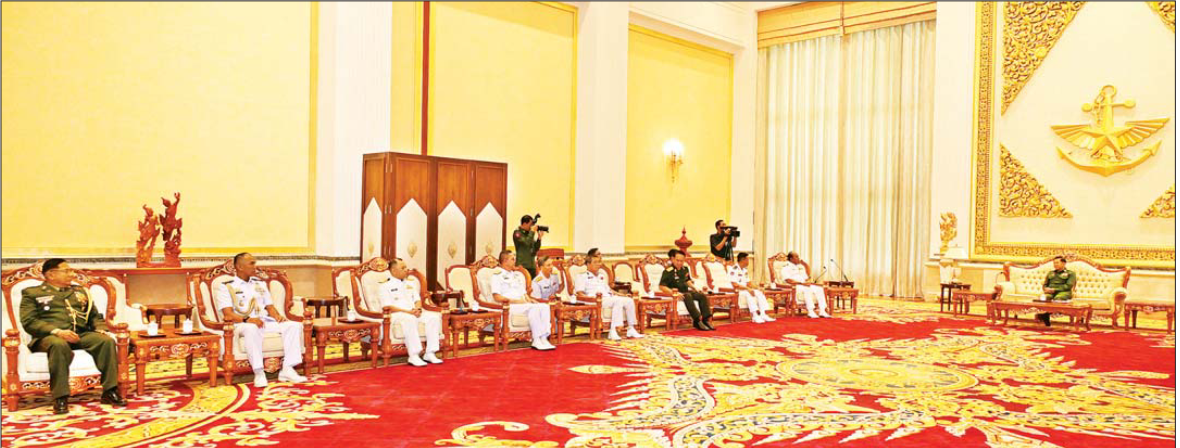 State Administration Council Chairman Commander-in-Chief of Defence Services Senior General Min Aung Hlaing poses for the commemorative group photo alongside ASEAN Navy Chiefs and delegation leaders during their courtesy calls on him yesterday in Nay Pyi Taw.