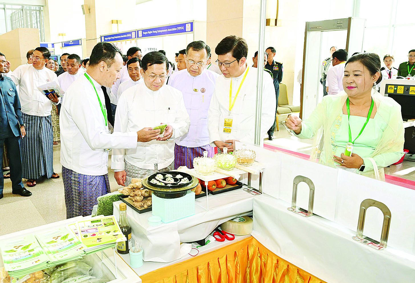 State Administration Council Chairman Prime Minister Senior General Min Aung Hlaing looks round the display exhibited at centenary event in Nay Pyi Taw