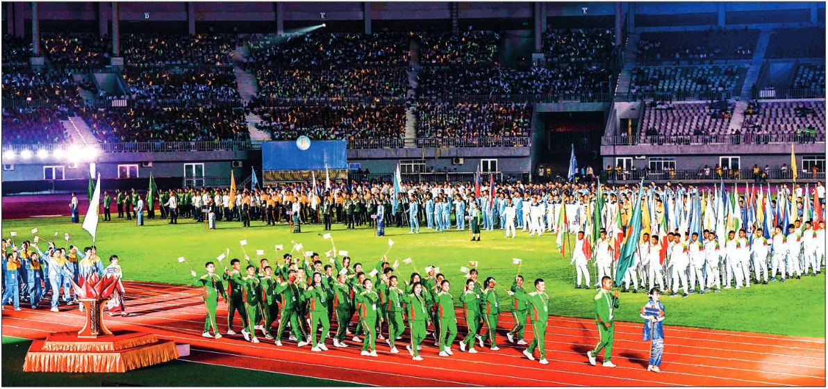 State Administration Council Chairman Prime Minister Senior General Min Aung Hlaing speaks on the inaugural occasion of the Fifth National Sports Festival in Nay Pyi Taw