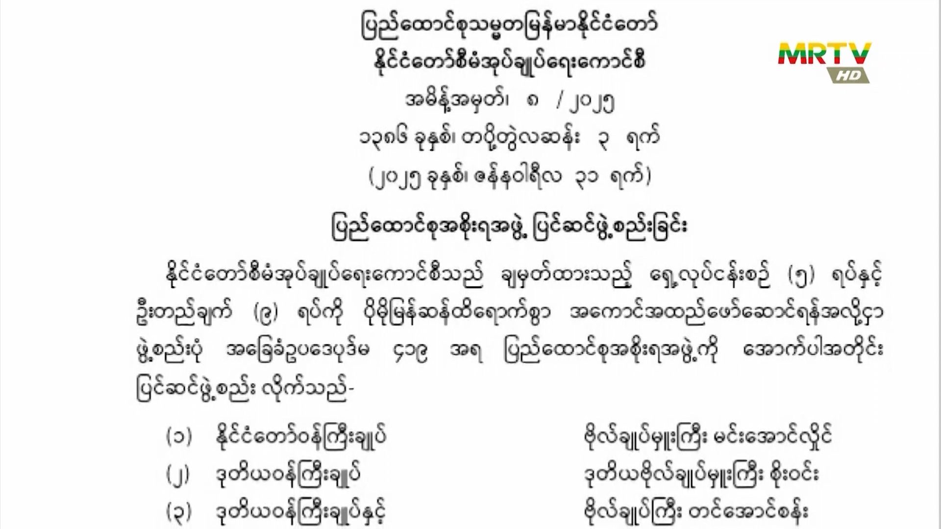 ပြည်ထောင်စုသမ္မတမြန်မာနိုင်ငံတော်၊ နိုင်ငံတော်စီမံအုပ်ချုပ်ရေးကောင်စီသည် အမိန့်အမှတ် (၈/၂၀၂၅) အား ဇန်နဝါရီလ(၃၁)ရက်နေ့ ရက်စွဲဖြင့် ထုတ်ပြန်