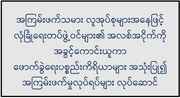 အကြမ်းဖက်သမား လူအုပ်စုများအနေဖြင့် လုံခြုံရေးတပ်ဖွဲ့ဝင်များ၏ အလစ်အငိုက်ကို အခွင့်ကောင်းယူကာ ဖောက်ခွဲရေးပစ္စည်းကိရိယာများ အသုံးပြု၍ အကြမ်းဖက်မှုလုပ်ရပ်များ လုပ်ဆောင်