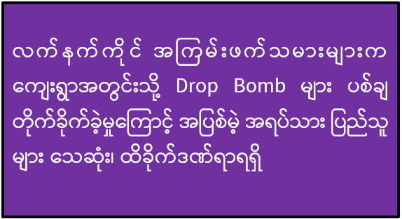 လက်နက်ကိုင်အကြမ်းဖက်သမားများက ကျေးရွာအတွင်းသို့ Drop Bomb များ ပစ်ချတိုက်ခိုက်ခဲ့မှုကြောင့် အပြစ်မဲ့ အရပ်သားပြည်သူများ သေဆုံး၊ ထိခိုက်ဒဏ်ရာရရှိ