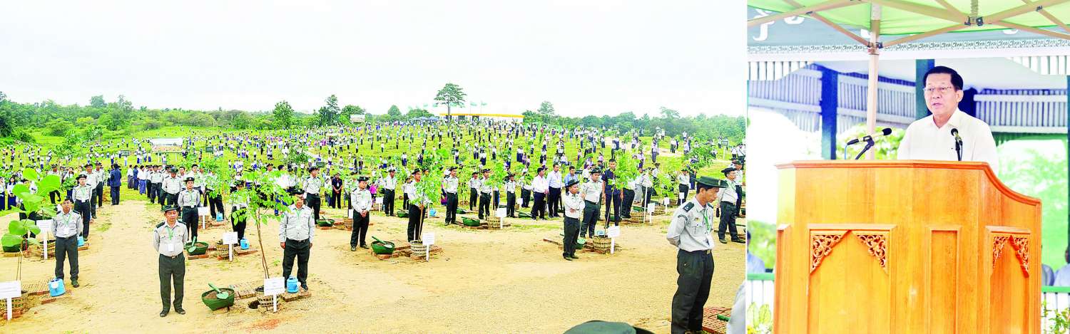 နိုင်ငံတော်စီမံအုပ်ချုပ်ရေးကောင်စီဥက္ကဋ္ဌ နိုင်ငံတော်ဝန်ကြီးချုပ် ဗိုလ်ချုပ်မှူးကြီးမင်းအောင်လှိုင် ပြည်ထောင်စုနယ်မြေ၊ နေပြည်တော် ၂၀၂၅ ခုနှစ်၊ ပထမအကြိမ် မိုးရာသီသစ်ပင်စိုက်ပျိုးပွဲသို့ တက်ရောက်၍ ကံ့ကော်ပျိုးပင်အား ဦးဆောင်စိုက်ပျိုးပေး