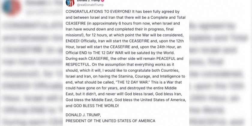 Trump says Israel and Iran agree to 'total ceasefire' in Truth Social post