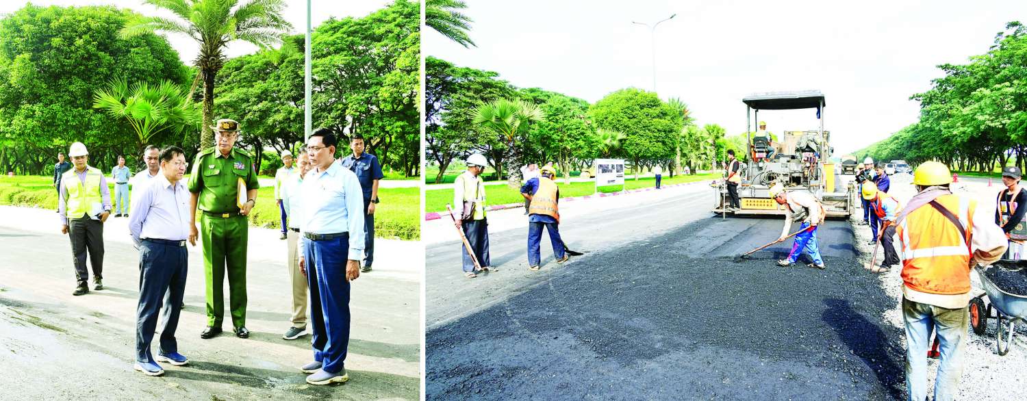 နိုင်ငံတော်စီမံအုပ်ချုပ်ရေးကောင်စီဥက္ကဋ္ဌ နိုင်ငံတော်ဝန်ကြီးချုပ် ဗိုလ်ချုပ်မှူးကြီး မင်းအောင်လှိုင် မန္တလေးငလျင်ကြီးကြောင့် ထိခိုက်ပျက်စီးမှုများဖြစ်ပေါ်ခဲ့သည့် ရာဇဌာနီလမ်းမကြီးပေါ်ရှိ လမ်းပျက်စီးနေရာများအား Regulating Course Mix Design ဖြင့် ပြန်လည်အဆင့်မြှင့်တင်ပြုပြင်နေမှု ကြည့်ရှုစစ်ဆေး