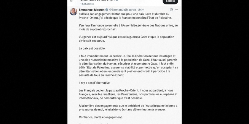 France to officially recognize Palestinian state at UN General Assembly