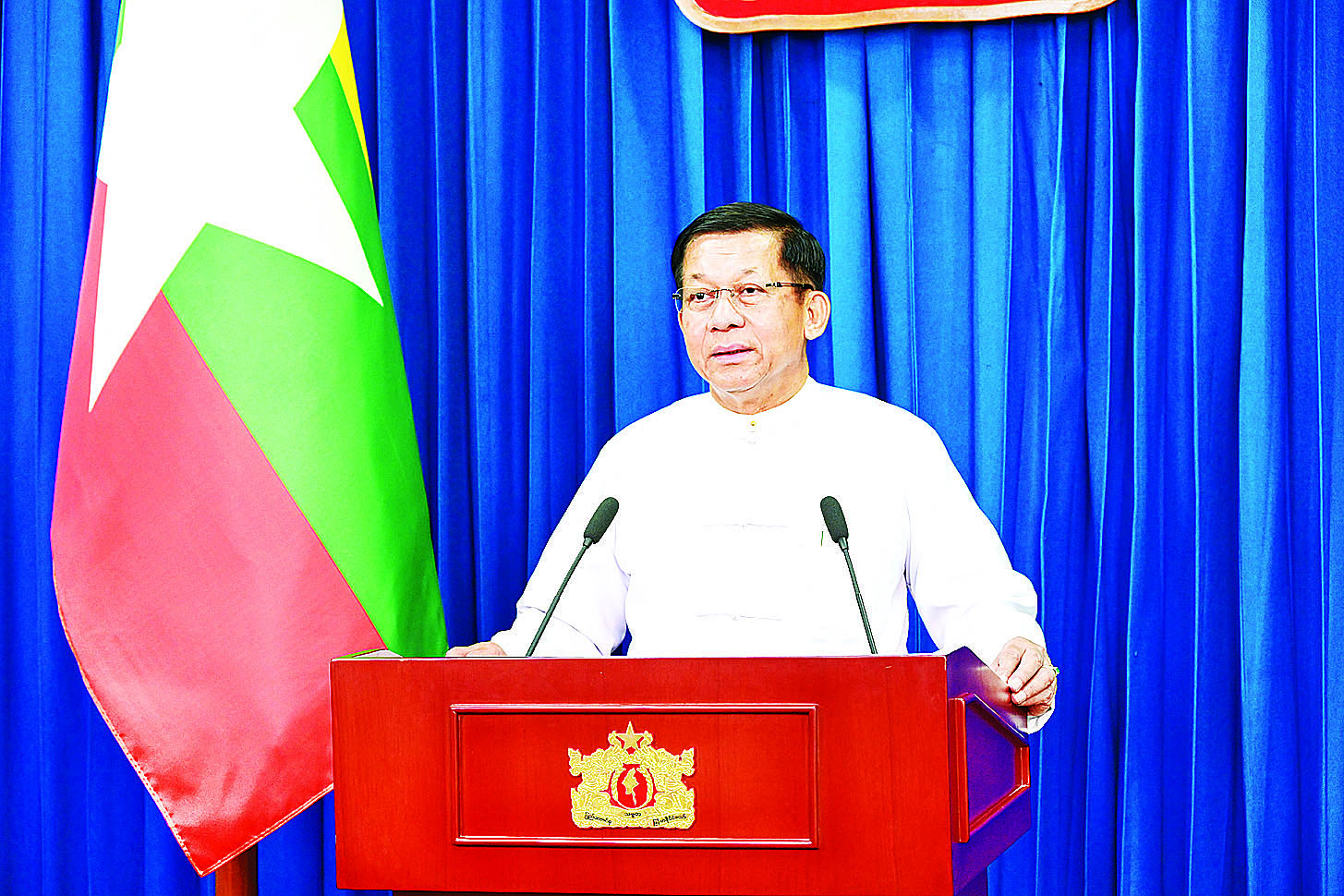 မြန်မာအမျိုးသမီးများနေ့အခမ်းအနားတွင် နိုင်ငံတော်စီမံအုပ်ချုပ်ရေးကောင်စီဥက္ကဋ္ဌ နိုင်ငံတော်ဝန်ကြီးချုပ် ဗိုလ်ချုပ်မှူးကြီး မင်းအောင်လှိုင် ပြောကြားသည့် အဖွင့်ဗီဒီယိုမိန့်ခွန်း