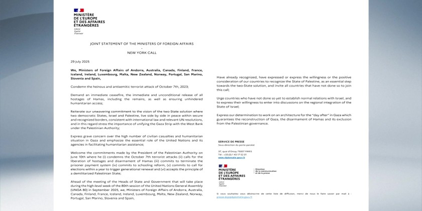 France, 14 other nations call for recognition of State of Palestine