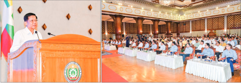 State Administration Council Chairman Prime Minister Senior General Min Aung Hlaing addresses the third cash donation ceremony yesterday in Yangon