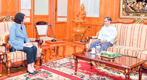 UNHCR Asia-Pacific Regional Bureau Director Ms Hai Kyung Jun calls on Union Minister U Ko Ko Hlaing yesterday