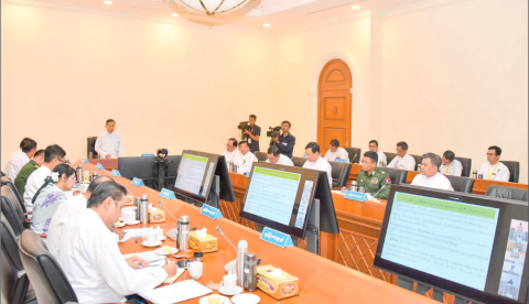 State Administration Council Vice-Chairman Deputy Prime Minister Vice-Senior General Soe Win addresses the first coordination meeting to hold the 77th Anniversary of Independence Day 2025 yesterday.