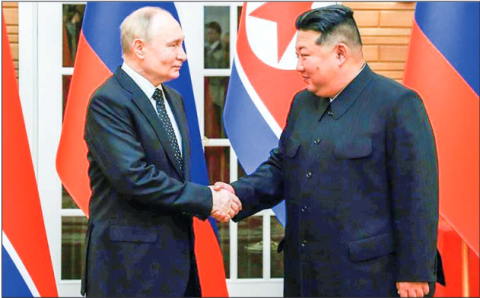 Russian leader Vladimir Putin and North Korean leader Kim Jong Un signed a strategic partnership agreement in June. PHOTO: POOL/AFP/FILE