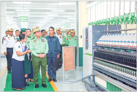 tate Administration Council Chairman Defence Services Commander-in-Chief Senior General Min Aung Hlaing tours production line at newly-established 2/80 Thread Factory Branch in Meiktila