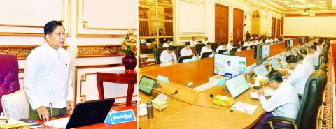 State Administration Council Chairman Prime Minister Senior General Min Aung Hlaing addresses the Union government meeting yesterday in Nay Pyi Taw