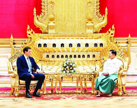 State Administration Council Chairman Prime Minister Senior General Min Aung Hlaing receives Mr Maxim Ryzhenkov, Minister of Foreign Affairs of the Republic of Belarus in Nay Pyi Taw
