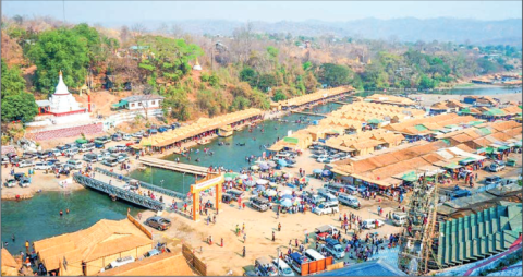 An aerial drone panoramic view of the Mann Shwesettaw Pagoda Festival