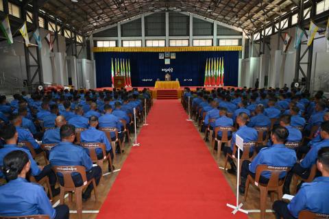 Chairman of State Administration Council Commander-in-Chief of Defence Services Senior General Min Aung Hlaing delivers address to officers, other ranks of families of Thanlyin Station in Yangon Command