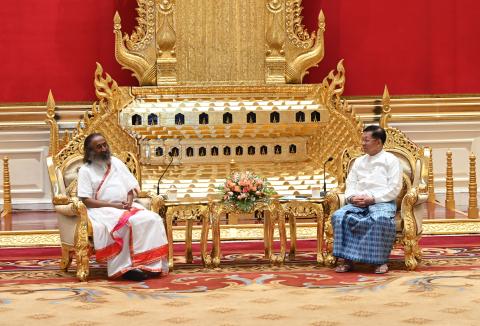 State Administration Council Chairman Prime Minister Senior General Min Aung Hlaing receives Indian Gurudev Sri Sri Ravi Shankar, the humanitarian leader and peace envoy, at the Office of the SAC Chairman in Nay Pyi Taw