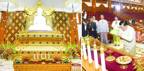 SAC Chairman PM Senior General Min Aung Hlaing, wife Daw Kyu Kyu Hla offer alms meals to title- recipient Sayadaws and nuns