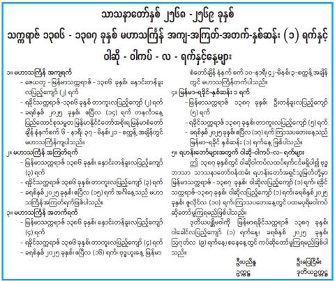 သာသနာတော်နှစ် ၂၅၆၈ -၂၅၆၉ ခုနှစ် သက္ကရာဇ် ၁၃၈၆ - ၁၃၈၇ ခုနှစ် မဟာသင်္ကြန် အကျ-အကြတ်-အတက်-နှစ်ဆန်း (၁) ရက်နှင့် ဝါဆို - ဝါကပ် - လ - ရက်နှင့်နေ့များ