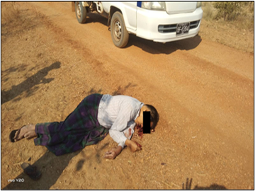 မကွေးတိုင်းဒေသကြီး၊ တောင်တွင်းကြီးမြို့နယ်၊ ညာတောကျေးရွာအနီး၌ သေနတ်ဖြင့် ပစ်ခတ်ခံရ၍ အမျိုးသား တစ်ဦး သေဆုံးမှု မှတ်တမ်းဓာတ်ပုံ။