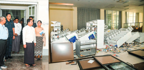 State Administration Council Chairman Prime Minister Senior General Min Aung Hlaing views the damaged section of the National Museum (Nay Pyi Taw)