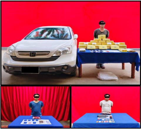 Arrestees are seen alongside confiscated drugs and vehicle.