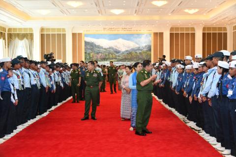 State Administration Council Chairman Commander-in-Chief of Defence Services Senior General Min Aung Hlaing and wife Daw Kyu Kyu Hla warmly greet the student trainees