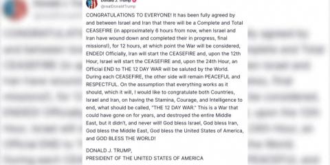 Trump says Israel and Iran agree to 'total ceasefire' in Truth Social post