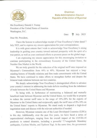 SAC Chairman Prime Minister Senior General Min Aung Hlaing sends response letter to President of the United States of America Donald Trump, regarding increased import tariffs to 14 countries including Myanmar