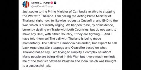 Trump says speaking with Cambodia, Thailand about ceasefire