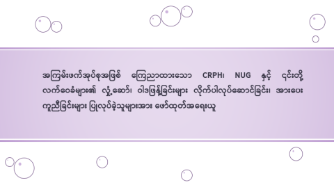 အကြမ်းဖက်အုပ်စုအဖြစ် ကြေညာထားသော CRPH၊ NUG နှင့် ၎င်းတို့ လက်ဝေခံများ၏ လှုံ့ဆော်၊ ဝါဒဖြန့်ခြင်းများ လိုက်ပါလုပ်ဆောင်ခြင်း၊ အားပေးကူညီခြင်းများ ပြုလုပ်ခဲ့သူများအား ဖော်ထုတ်အရေးယူ
