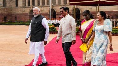 President Droupadi Murmu and Prime Minister Narendra Modi with Philippines President Ferdinand R. Marcos Jr. and First Lady Louise Marcos during the ceremonial reception of Ferdinand at the Rashtrapati Bhavan, in New Delhi. (PTI)